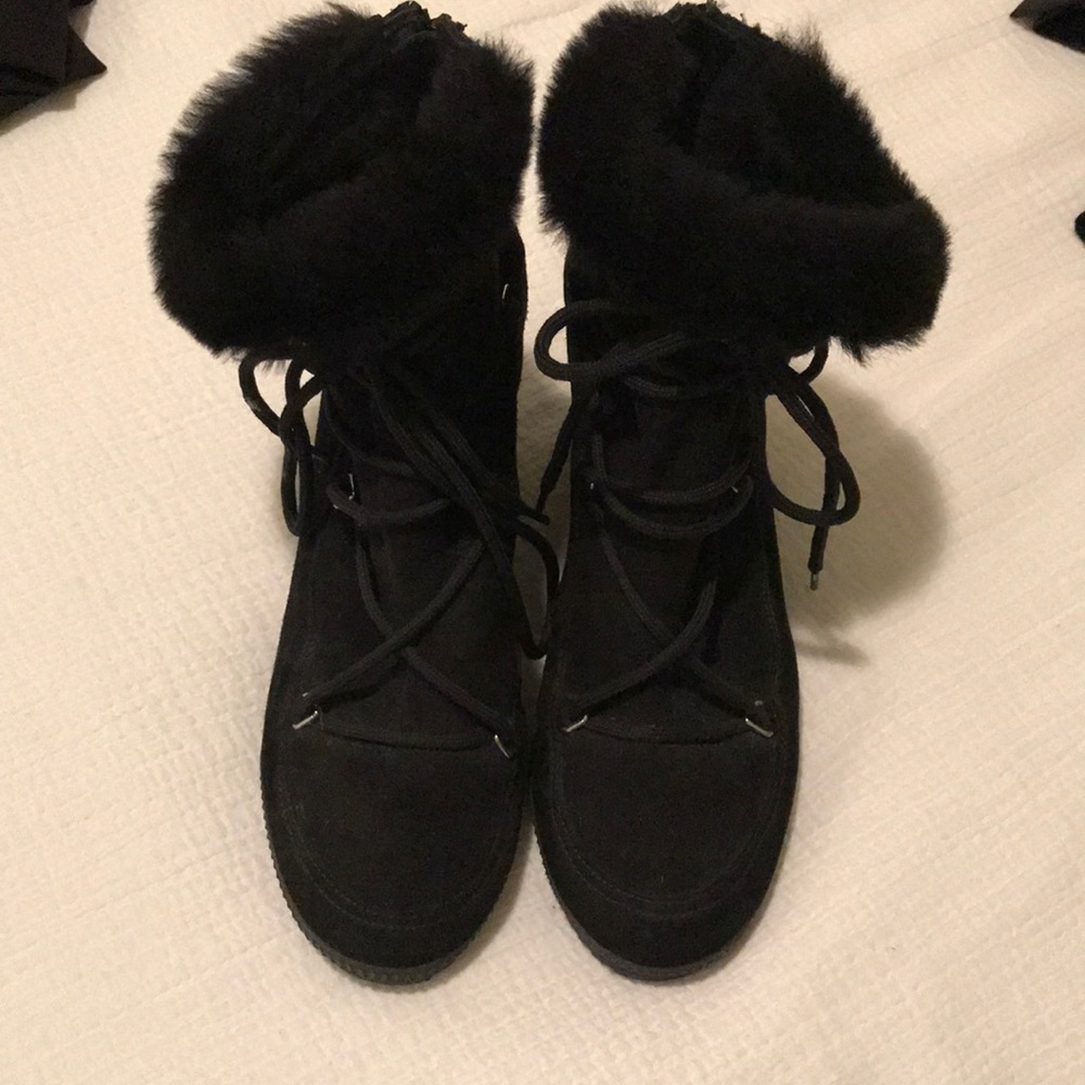 Black Wedge Fur Booties Lace Up